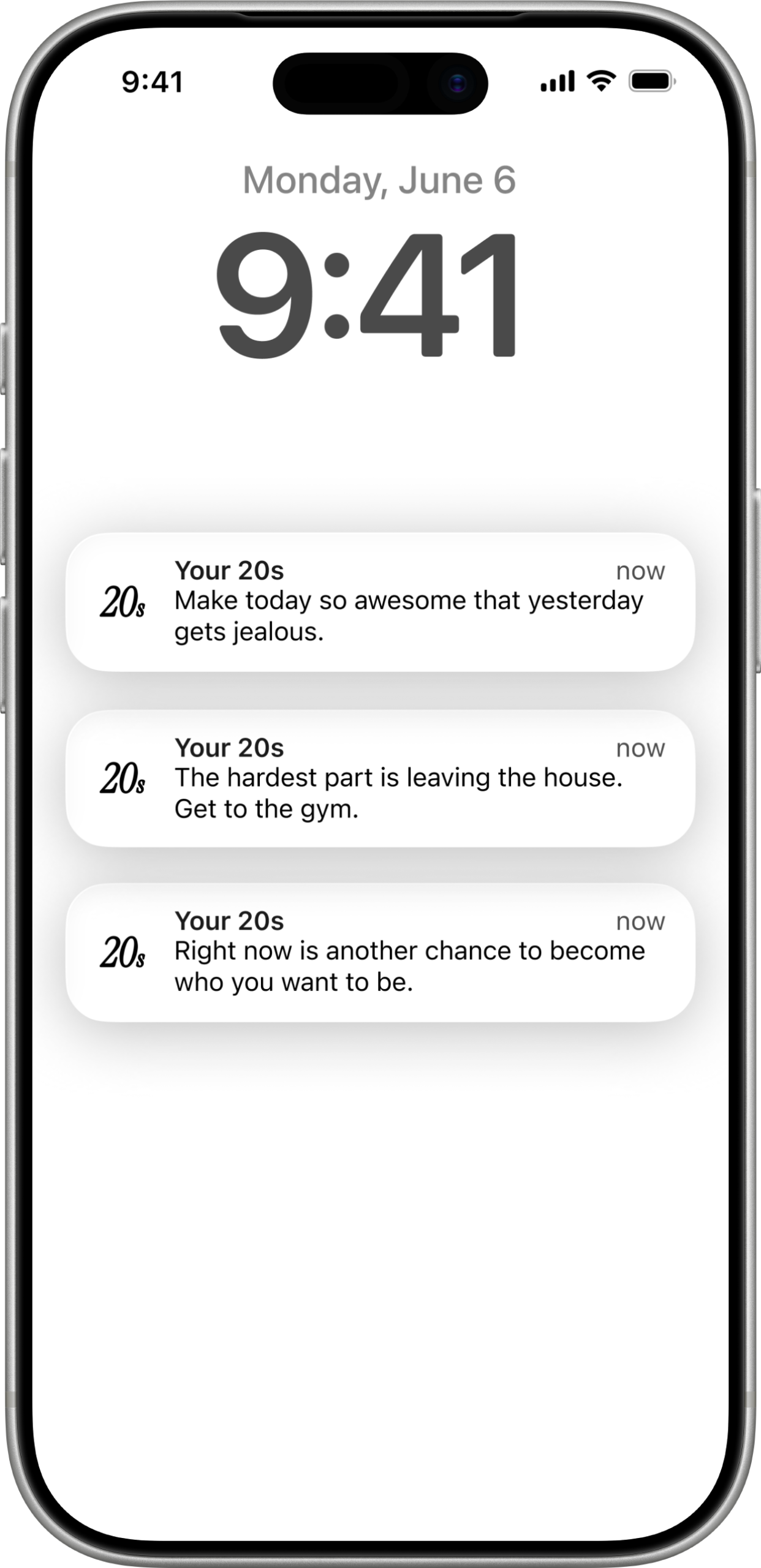 Lock screen showing three Your 20s notifications